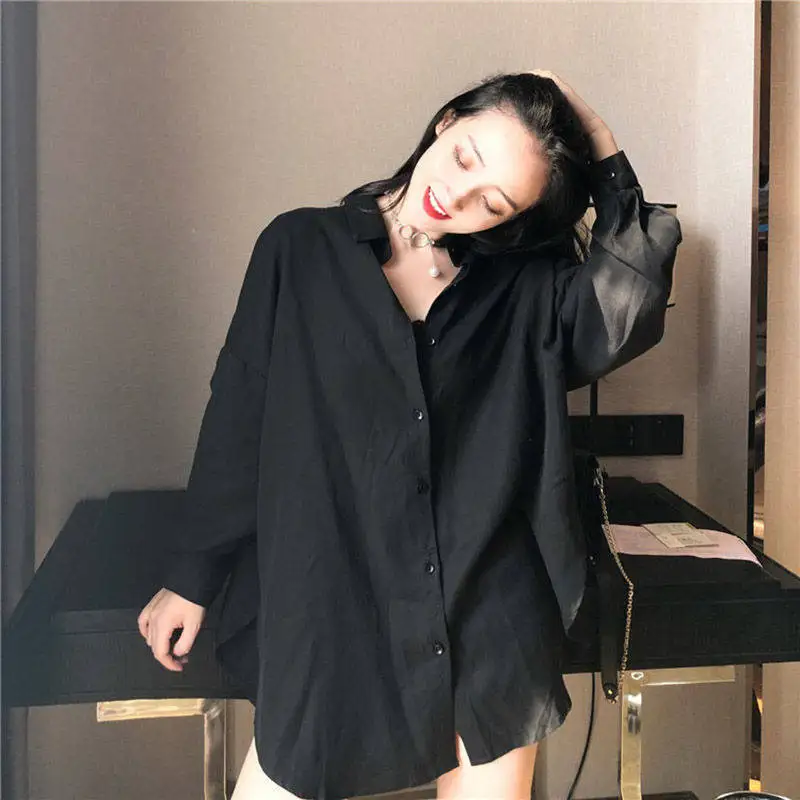 

Women Blouses Chiffon Shirts Long Sleeve Spring Black BF Ulzzang Loose All-match Fashion Tops Chic Womens Students Casual Simple