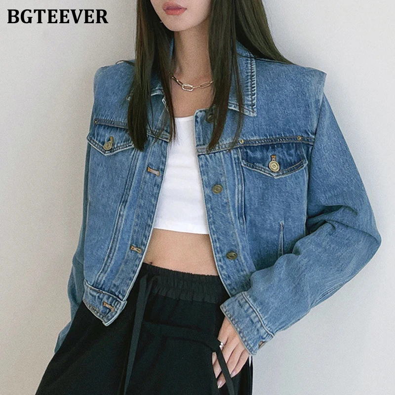 

BGTEEVER Streetwear Turn-down Collar Women Jeans Jackets Full Sleeve Single-breasted Loose Female Denim Short Coats 2021