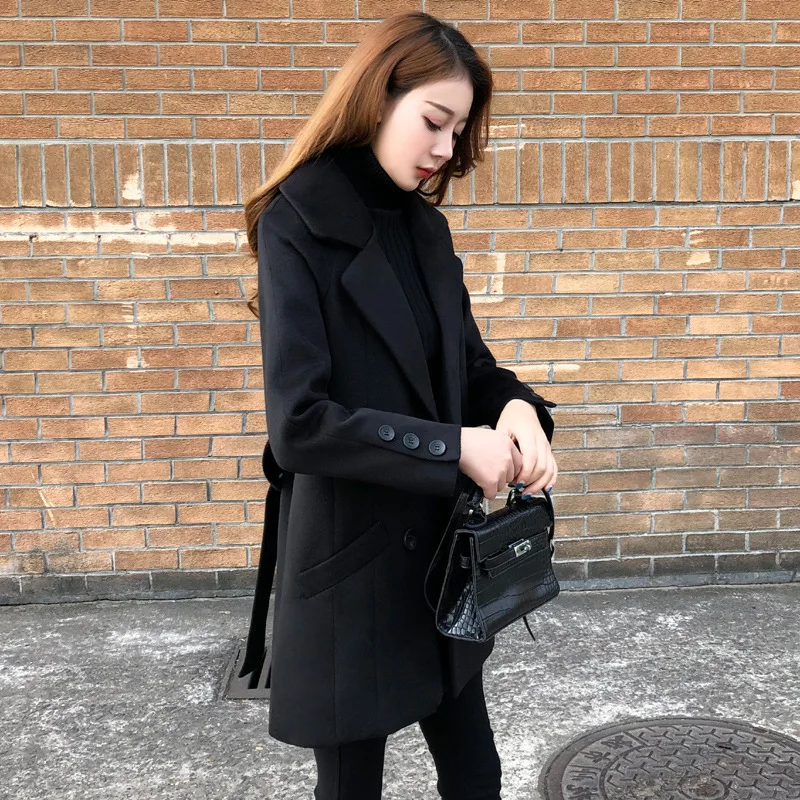 

Shzq Korean Version Black Cashmere Coat Women's Middle Long 2021 Spring New Pure Color Slim Belt Casual Woolen Coat