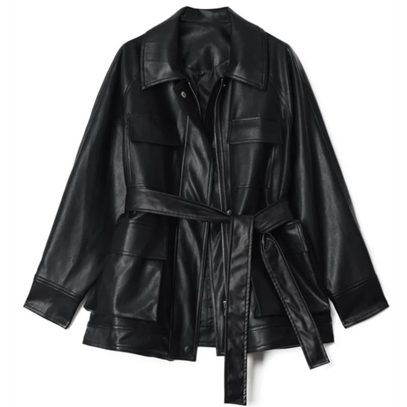 

Zcwxm Spring Autumn 2021 Women Moto Bike Pu Leather Jacket Chic Four Big Pockets Oversized Design BF Vintage Female Overcoat