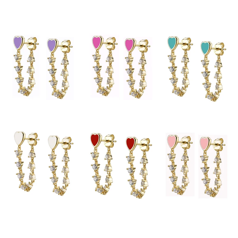 

Sterling Silver Heart Shaped Enamel Eight White Zircons Chain Drop Stud Earrings Charming Women Wedding Jewelry Luxury