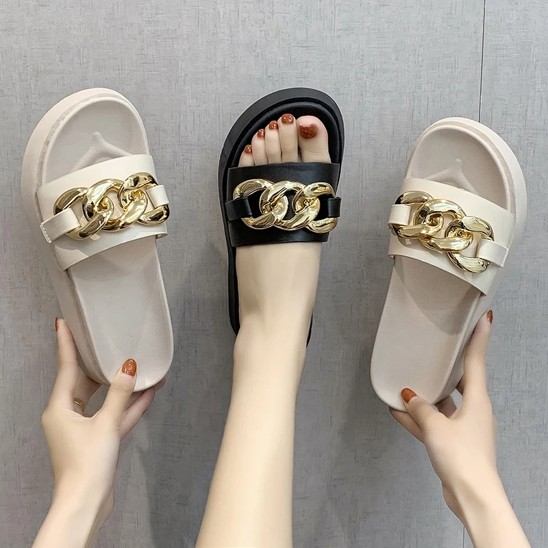 

Shoes Ladies' Slippers Slipers Women Luxury Slides Platform Med Flat 2021 Soft Summer Designer PU Chain Shoes Womens Slippers Ou