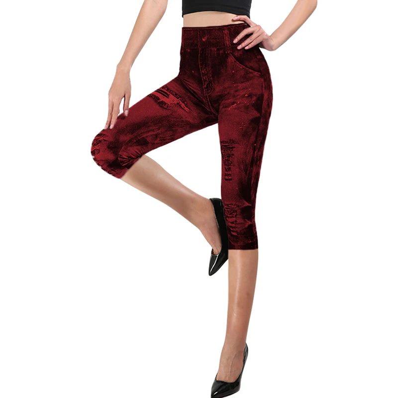 Wine Red-2 Sfit женские леггинсы для спортзала, искусственная лосины из джинсовой ткани, леггинсы с карманами и принтом, повседневные узкие брюки с высокой талией, большие размеры, штаны для йоги - Цвет: Wine Red-2