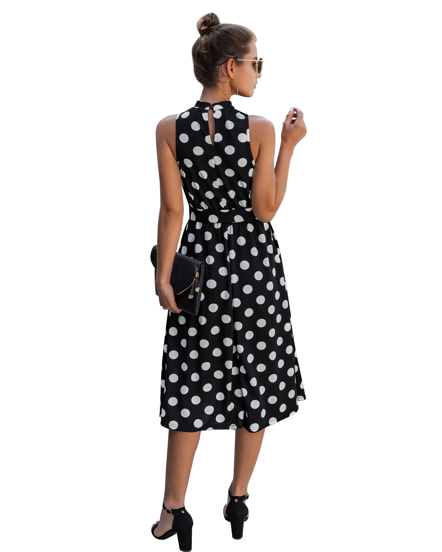 

Elegant Polka Dot Print Women Dress Casual O Neck Sleeveless Lace Up Midi Summer Dresses Sexy Vintage Boho Black Dress Vestidos