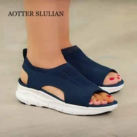 summer women sandals solid color open toe socks shoes casual lady wedge shoes hollow out slip on mesh platform female 2021 mujer