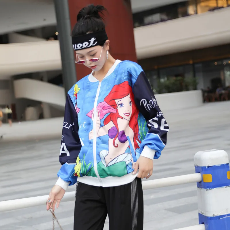 

Disney Mermaid Cartoon Digital Print Women Jacket Tops Loose Fashion Long Sleeve Baseball Uniform Jacket Women