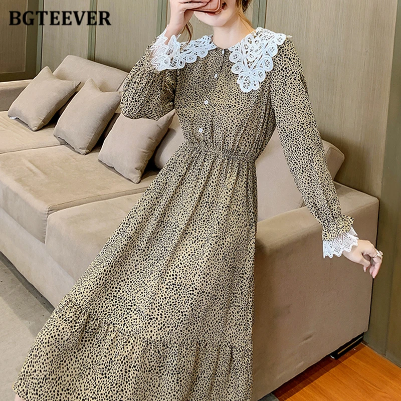 

BGTEEVER Vintage Peter pan Collar Women Polka Dots Print Dress Full Sleeve Single-breasted Slim Female Dress Ladies A-line Dress