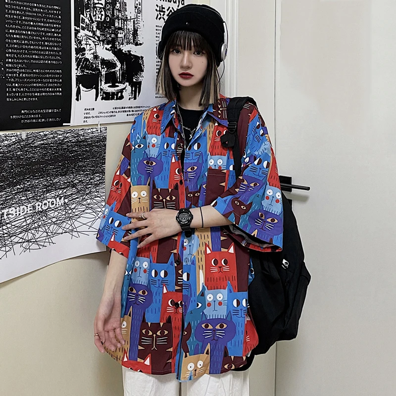 

New Summer Shirt Women Streetwear Oversize Shirt Loose Short Sleeve Blouse Harajuku Cartoon Graffiti Tie Dye Vintage Man Shirt