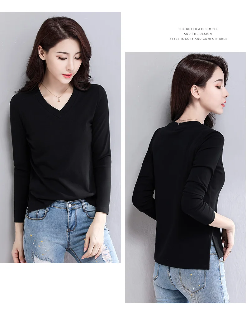 

Basis Leven Women Cotton T-shirt Long Sleeve V-neck Solid color Office Lady Top All Match Women Basic T-shirt
