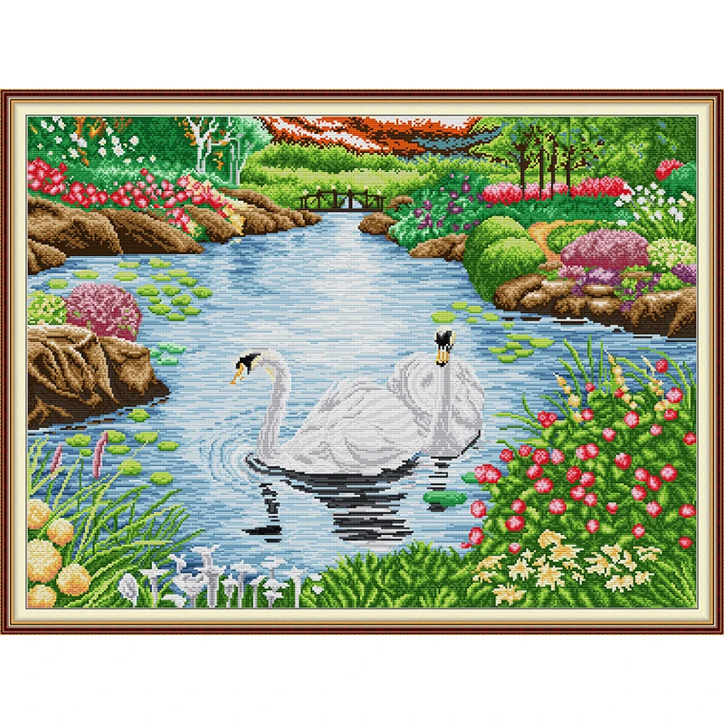 Everlasting Love Cross Stitch Kits Swan Lake  Ecological Cotton Printed 11 14CT Holiday Gift Christmas Decorations Easy To Learn