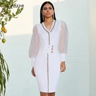 Женское блестящее облегающее шелковое платье, с V-образным вырезом, на пуговицах, с длинными рукавами-фонариками, Бандажное клувечерние ное платье знаменитости, новинка 2021