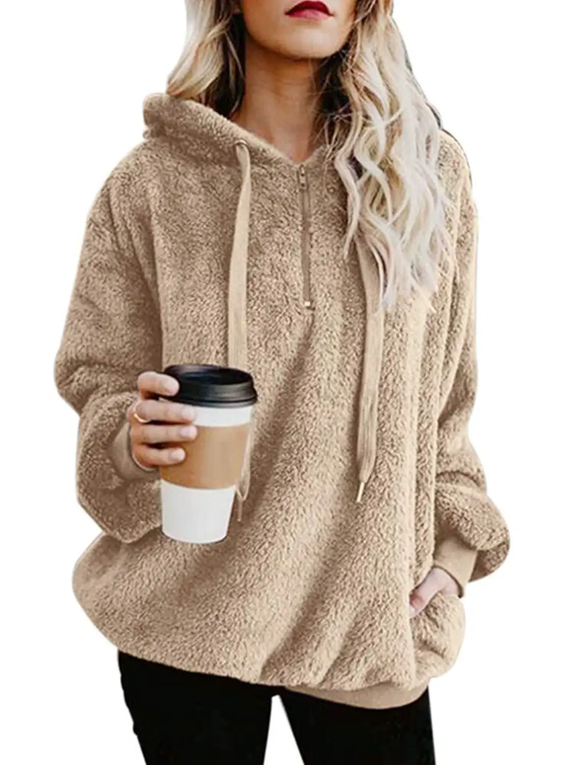 Women's Autumn Winter Suede Long-sleeve Hoodies Loose Casual Velour Hoodies Pullover Sweatshirt Large Size Sherpa Pink Clothes - Color: Khaki