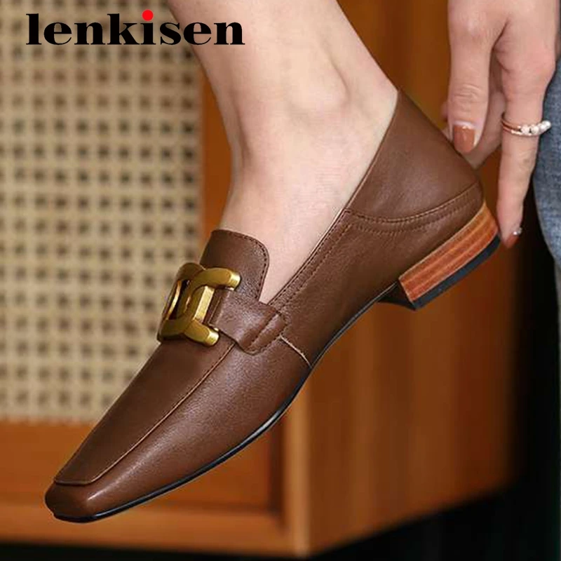 

Lenkisen new popular style full grain leather metal decorations classic colors square toe low heel slip on gentlewomen pumps L84