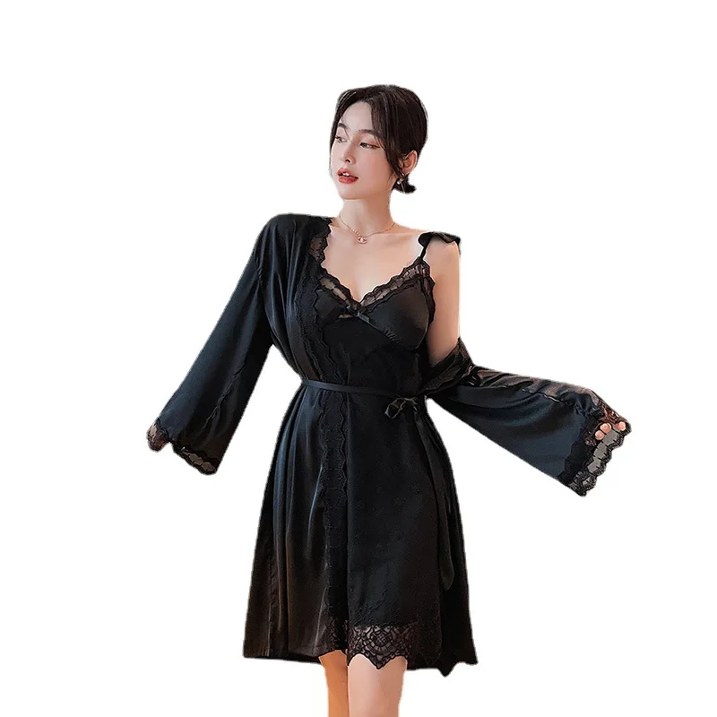 Ice Silk Nightdress Women's Summer Thin 2Pcs Suit Nightgown with Chest Cushion Sling Gowns Robe Home Wear Sexy Sleepwear