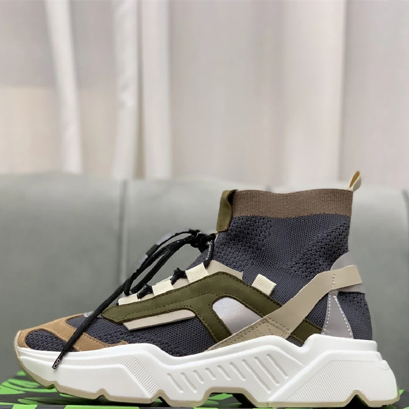 

2021 Men Casual Shoes Sneakers High-top Genuine Leather Mixed Color Breathable Sport Round Toe Lace Up Luxury Brand Designer