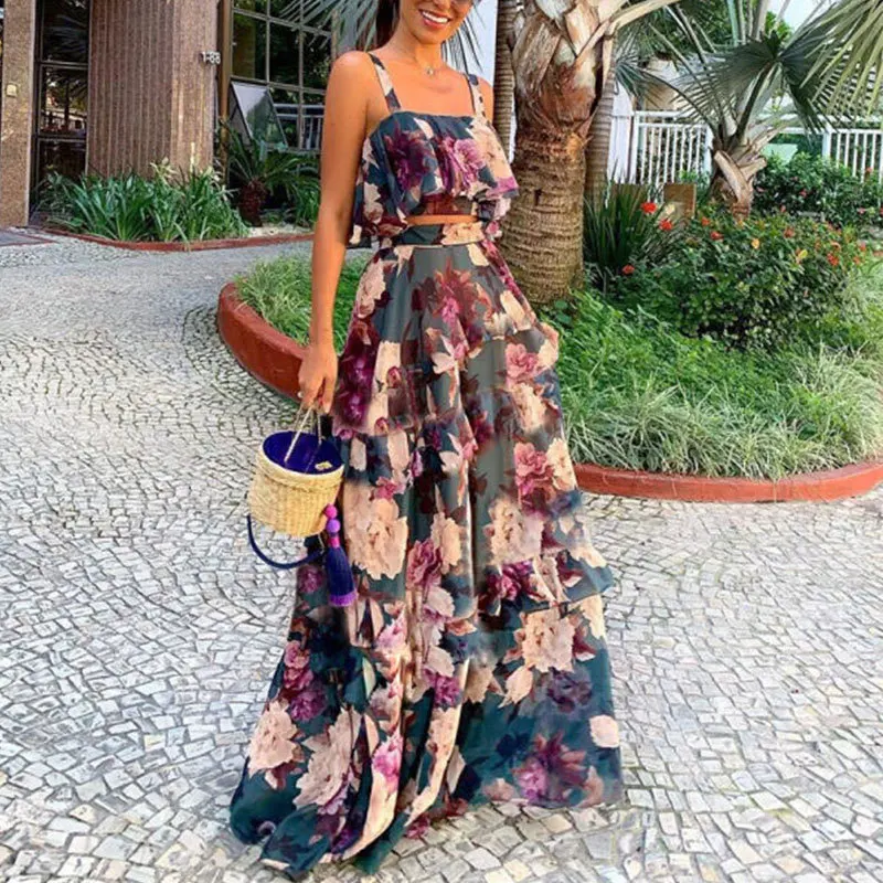 

Dropshipping Spaghetti Strap Vintage Maxi Prom Dress With Crop Top Flower Floral Print Elegant Casual Women Long Bohemian Dress