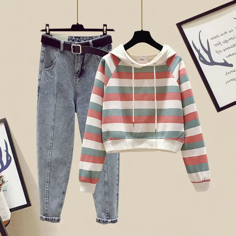 

Women 2020 Spring Autumn Fashion Casual Suit Female Tracksuit Hooded T Shirt+Denim Pants Two Piece Set Top And Jeans Sets Y385