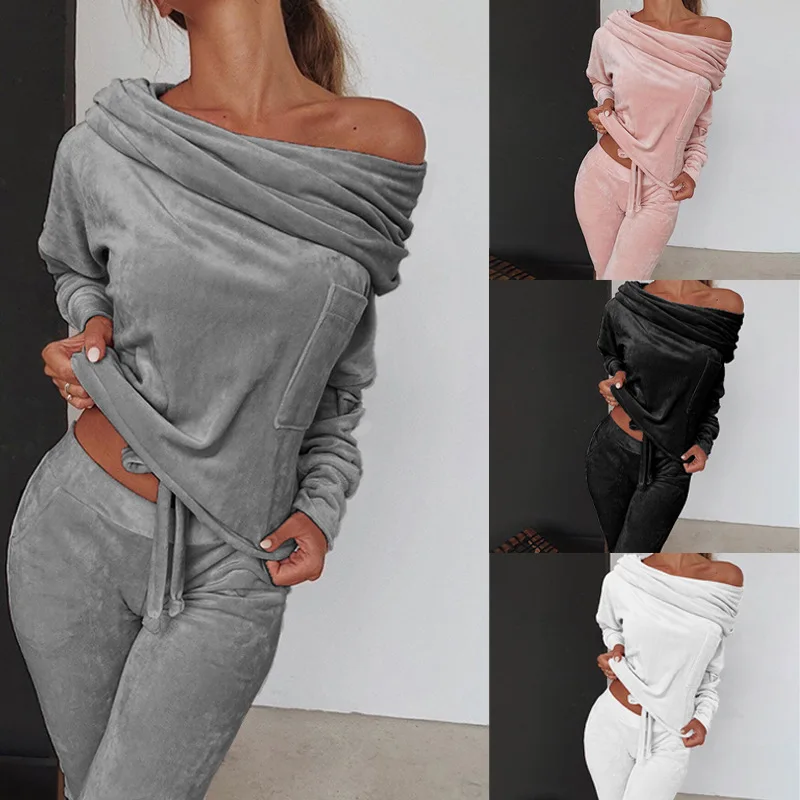 

Europe and the United States 2021 new hot women's pure color fashion casual one-word shoulder bow body-building home set