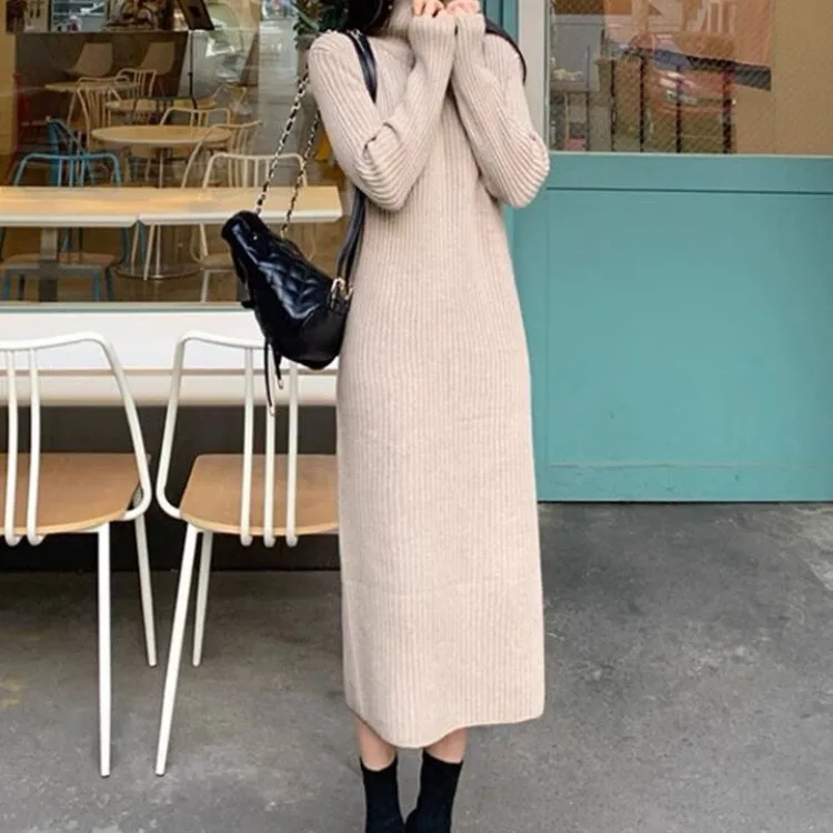 

Long Sweater Dress for Women's Autumn and Winter Long Button Sweaters Female High-neck Knitted Dress