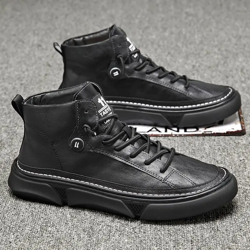 

WEH Winter Boots Men High Top quilted boots leather Casual Shoes Man Black Tide Boot Men's British Style men ankle boots Fashion