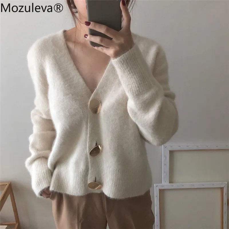 Mozuleva мягкие мохеровые кардиганы свитер женский однобортный v-образная горловина