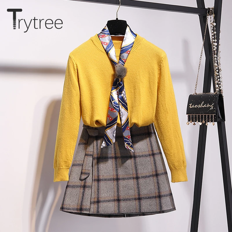 Осенне зимний комплект из двух предметов Trytree 2020 повседневный вязаный однотонный