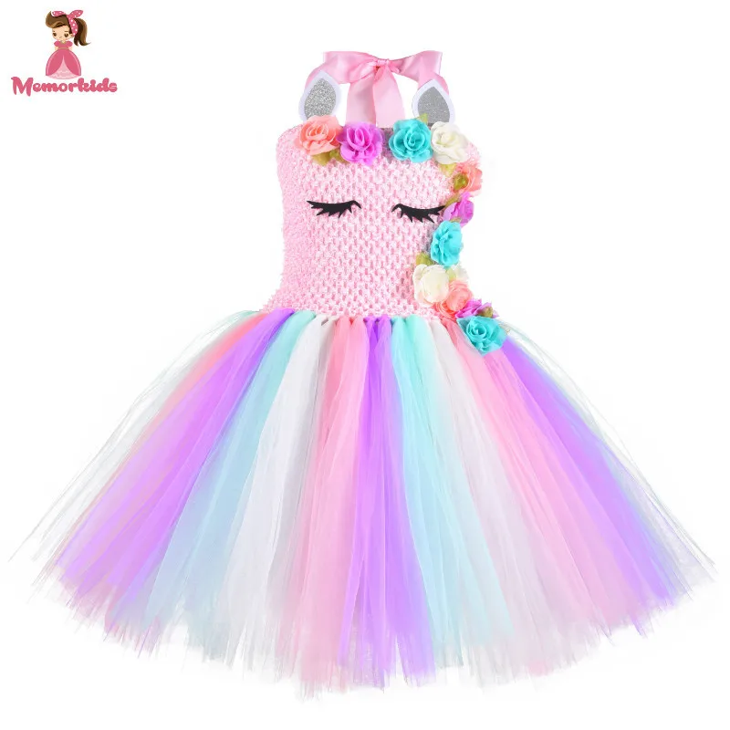 Платье-футляр с юбкой из фатина и пайетками "Единорог" для девочек на день рождения, сделанное вручную в пастельных тонах, комплект с ободком.