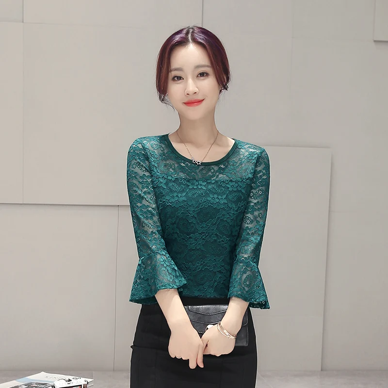 2017 Весенняя Кружевная блуза большого размера свободная 3/4 рубашка с