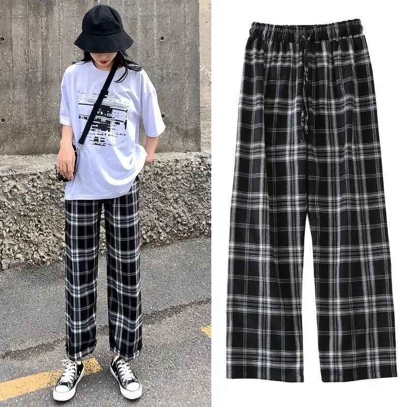 

Wide-leg pants female students in summer 9 points Korean Fashion Plus Size Women's High Waist Straight Pants Casual plaid pants