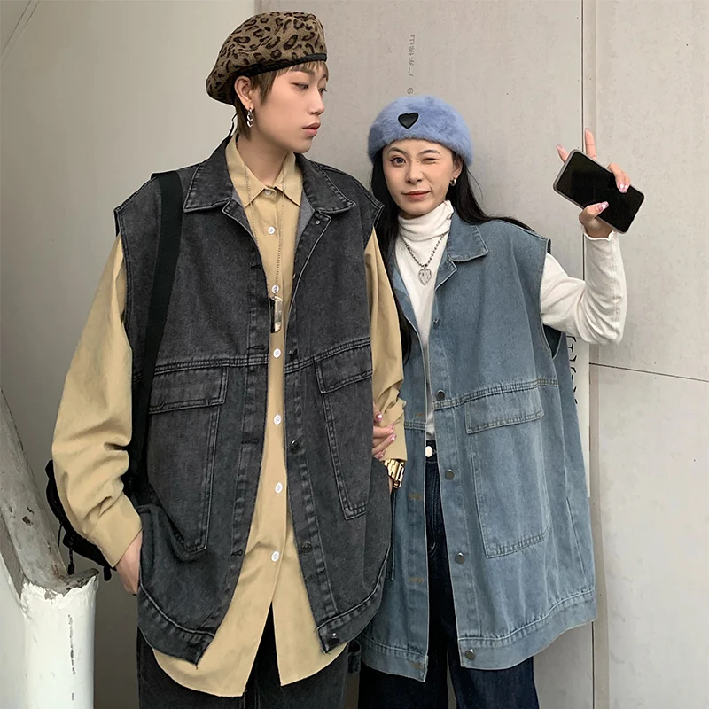 Жилет джинсовый HARAJPOO в стиле ретро потертый без рукавов с большими карманами