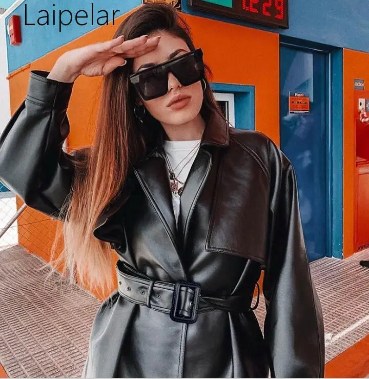 

Laipelar Women Black PU Leather Jackets Bow Tie Sashes Pockets Long Sleeve Notched Coats Female Outwear Casual Tops Winter