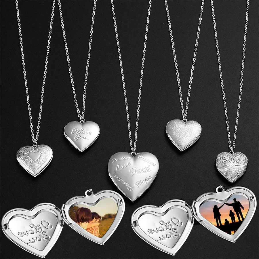 

Romantic Cute Heart Photo Frame Pendant Necklace Love Heart Charm Openable Locket Necklaces Women Men Fashion Memorial Jewelry