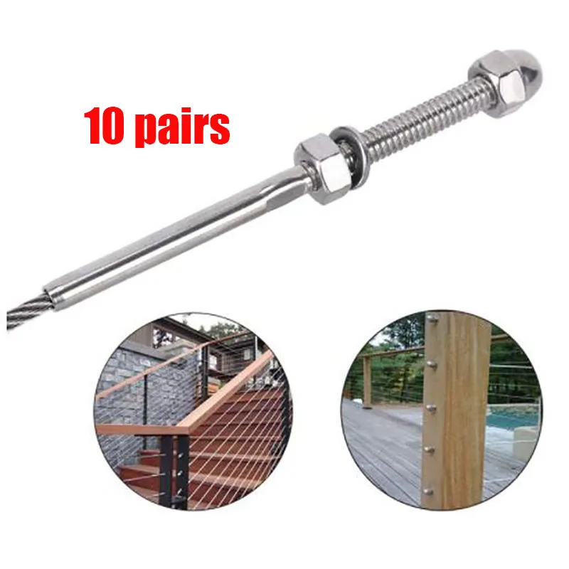 

10 пар резьбовой терминал шпилька из нержавеющей стали T316 морской класс шпилька Концевая клемма для 3/16 дюймового кабеля палубы перил ручной ...