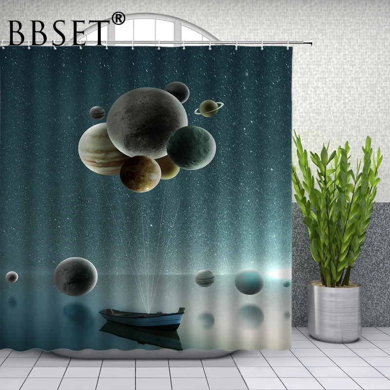 

Fantasy Landscape Shower Curtain Magical Cosmic Landscape and Boat Pattern Waterproof Multi-size Douchegordijn Bathroom Decor