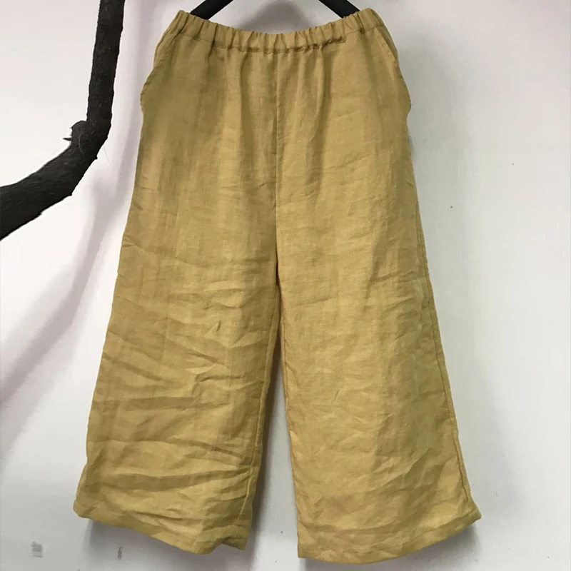 Женские льняные широкие брюки Johnature с эластичной резинкой на талии новинка весны