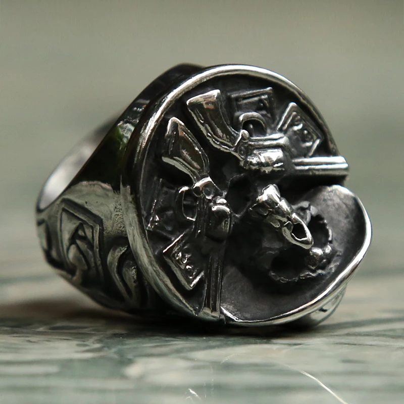 Vintage Huge Heavy Cool Skull Ring 316L Stainless Steel Double Guns Big Male Gothic Punk Biker Jewelry Size 8-14 | Украшения и