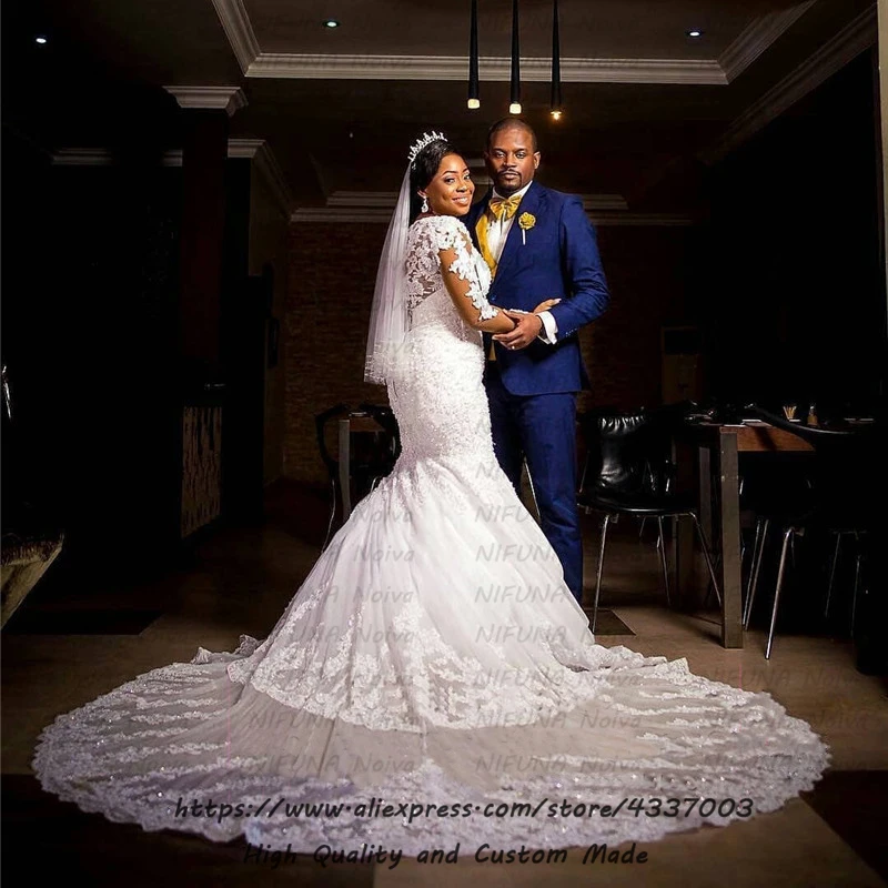 Свадебное платье с длинными рукавами и жемчугом ЮАР кружевное платье-русалка