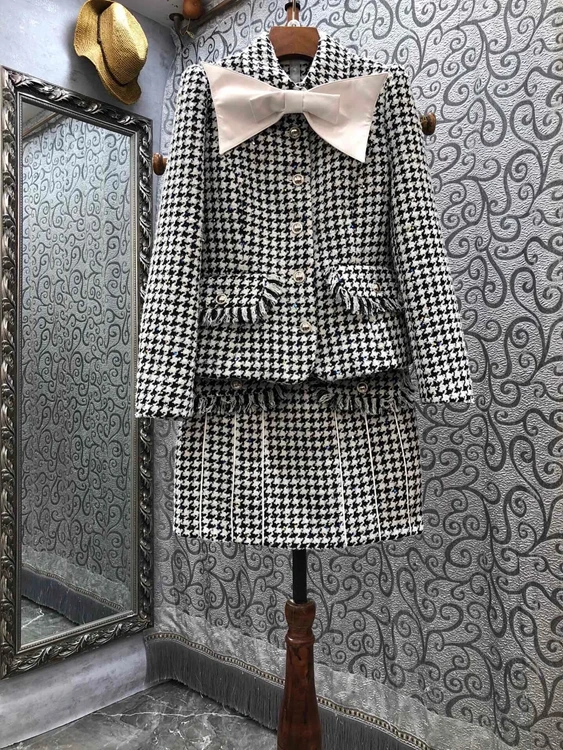 

2021 Новый женский Модный жакет с вырезом «гусиная лапка» и юбка с бантом, модный костюм 1103