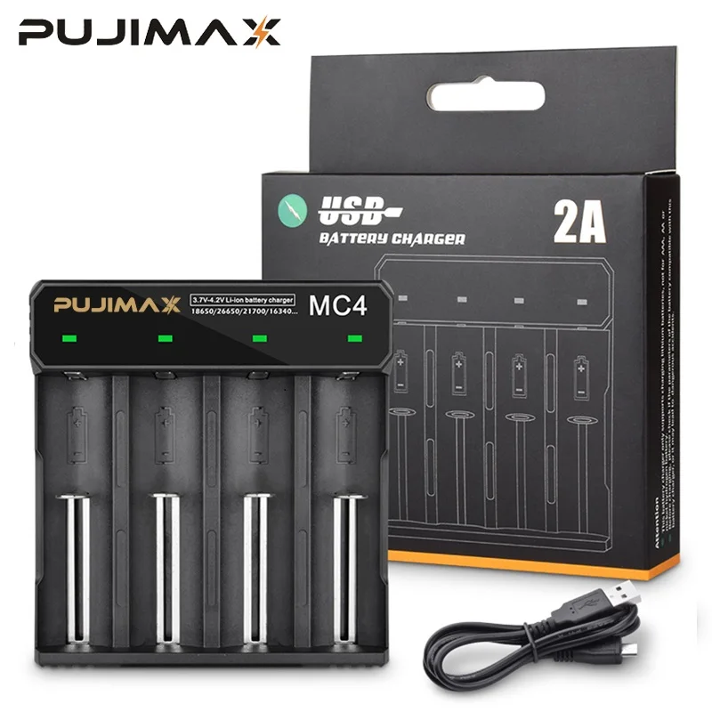 

PUJIMAX 4 Slots USB Lithium Battery Charger Smart LED Light With Cable For 18650/26650/18350/32650 Li-ion Rechargeable Batteries