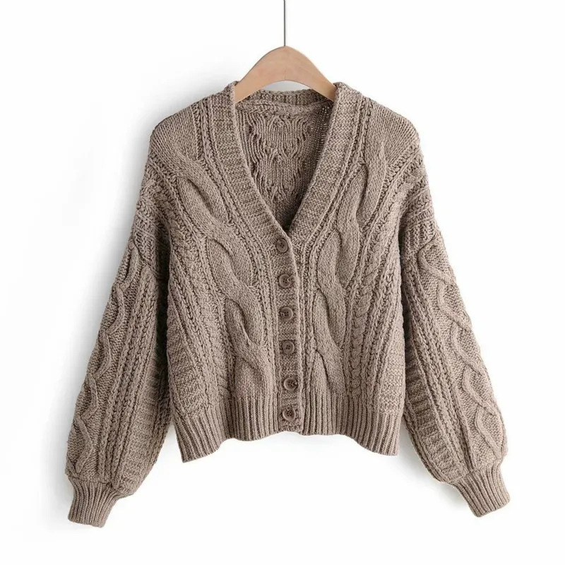 

2020 Autumn New Women's V-neck Long-Sleeved Buckle Design Solid Color Linen Flower Color Texture Cardigan Sweater sweater