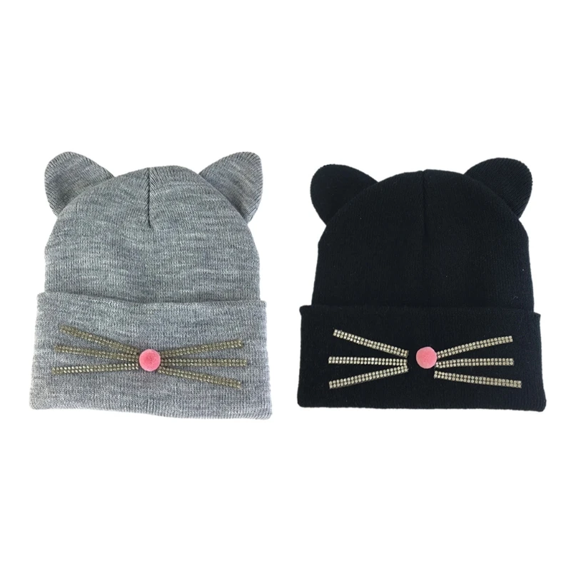 

Funny Casual Skullies Beanies Hat with Diamond Whiskers Knitted Hat Warm Ear Protection Warm Autumn Winter