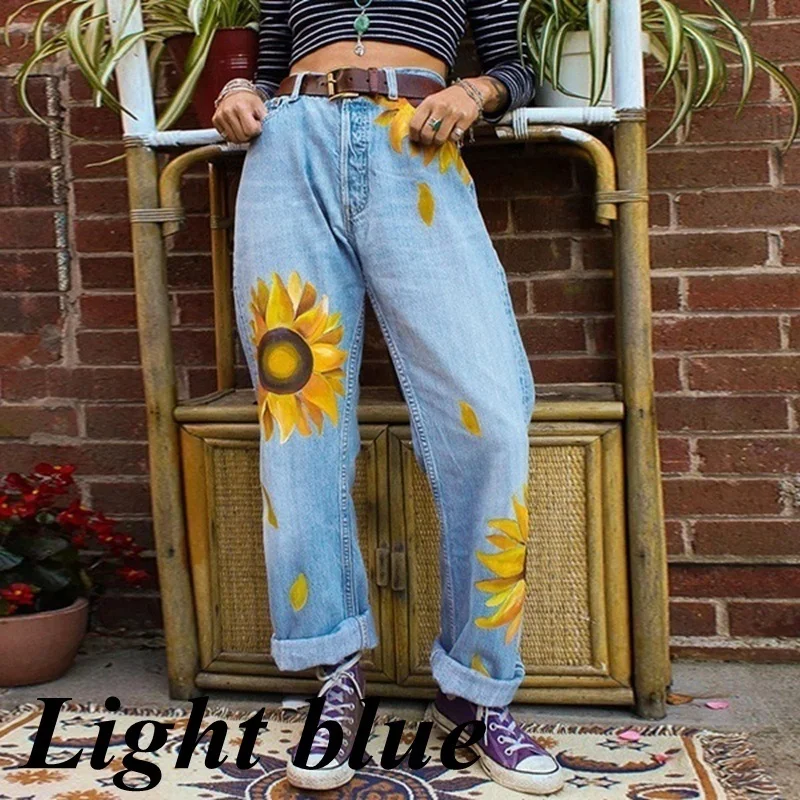 Женские повседневные свободные джинсы с принтом подсолнуха джинсовые брюки