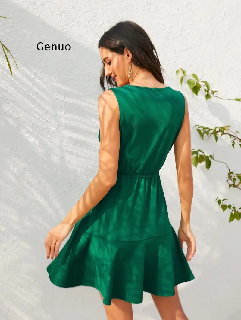 Женское Плиссированное Платье с V-образным вырезом зеленое однотонное платье