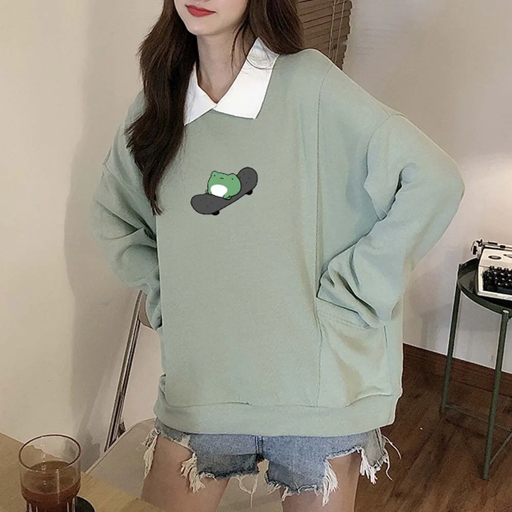 Осенние толстовки большого размера с рисунком скейтборда и лягушки милые