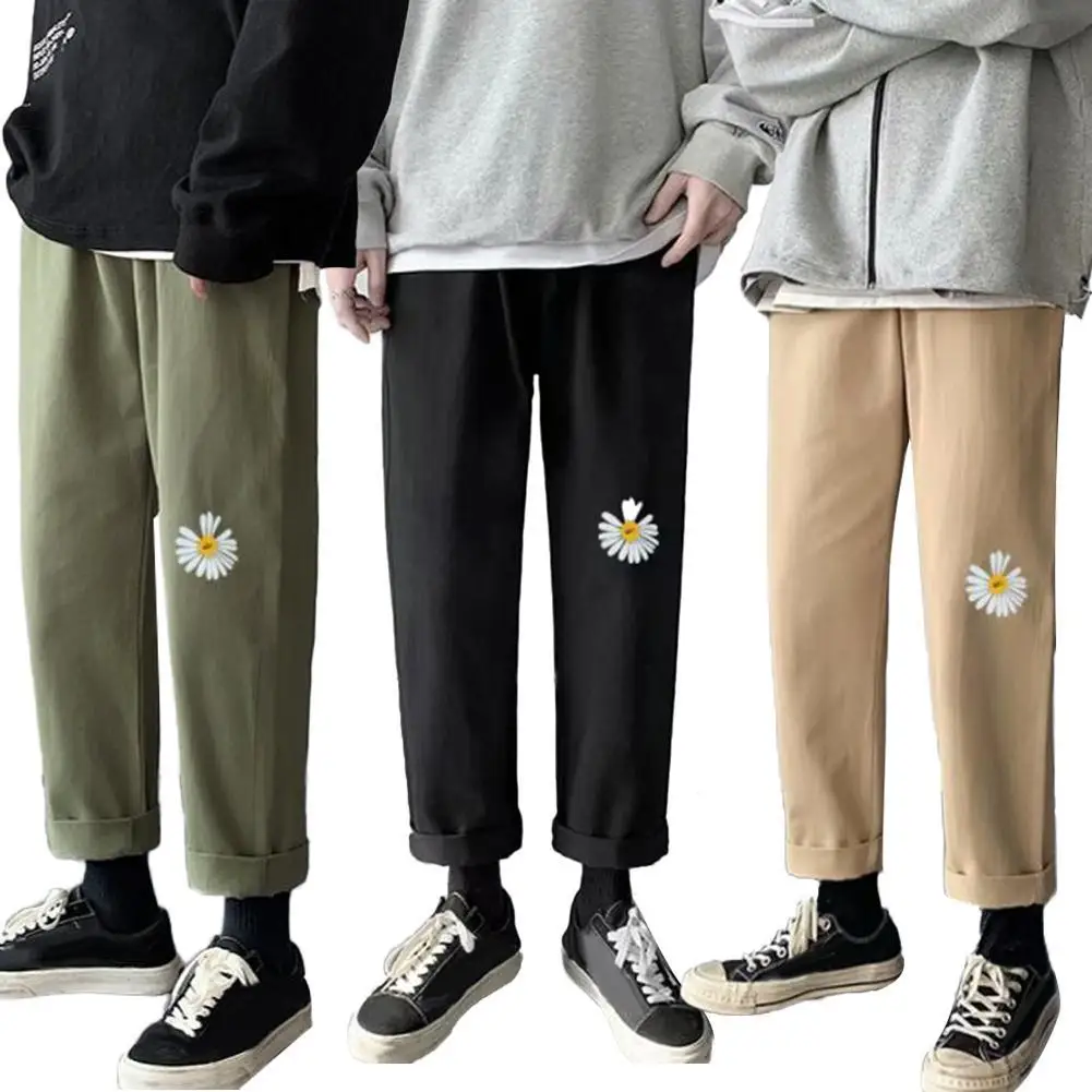 

Korean Style Fashion Men Casual Marguerite Breathable Straight Long Pants Drawstring Ninth Trousers Plus Size For Male 2021 Hot
