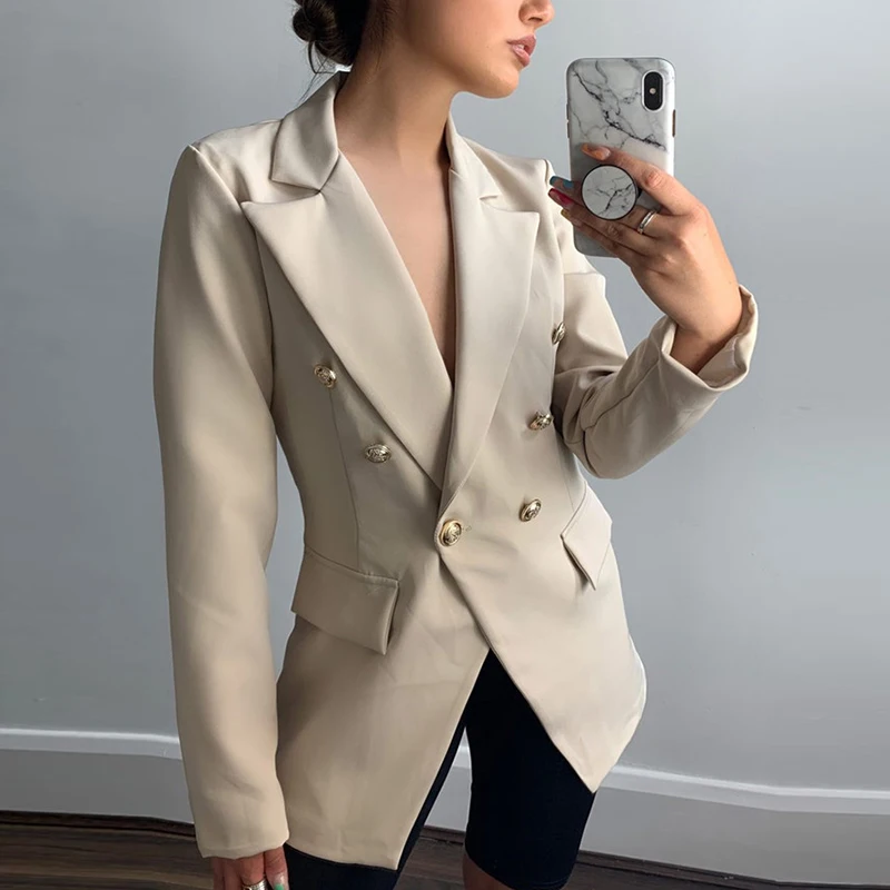 

Office Ladies Slim Blazer Black Turndown Collar Long Sleeve Double Button Blazer 2021 Women Autumn Winter Casual OL Coat New