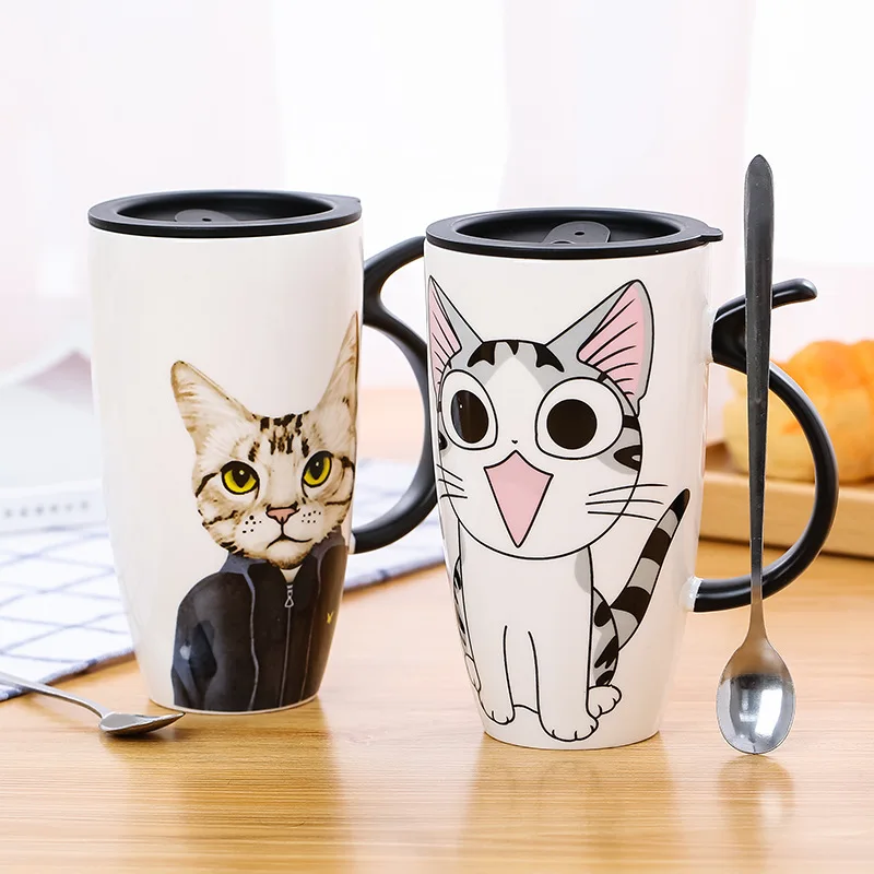 Мультяшная кошка, милая чашка для воды, керамическая кружка для офиса, оригинальная пара, 600 мл, чашка для молока и кофе, ложка с крышкой