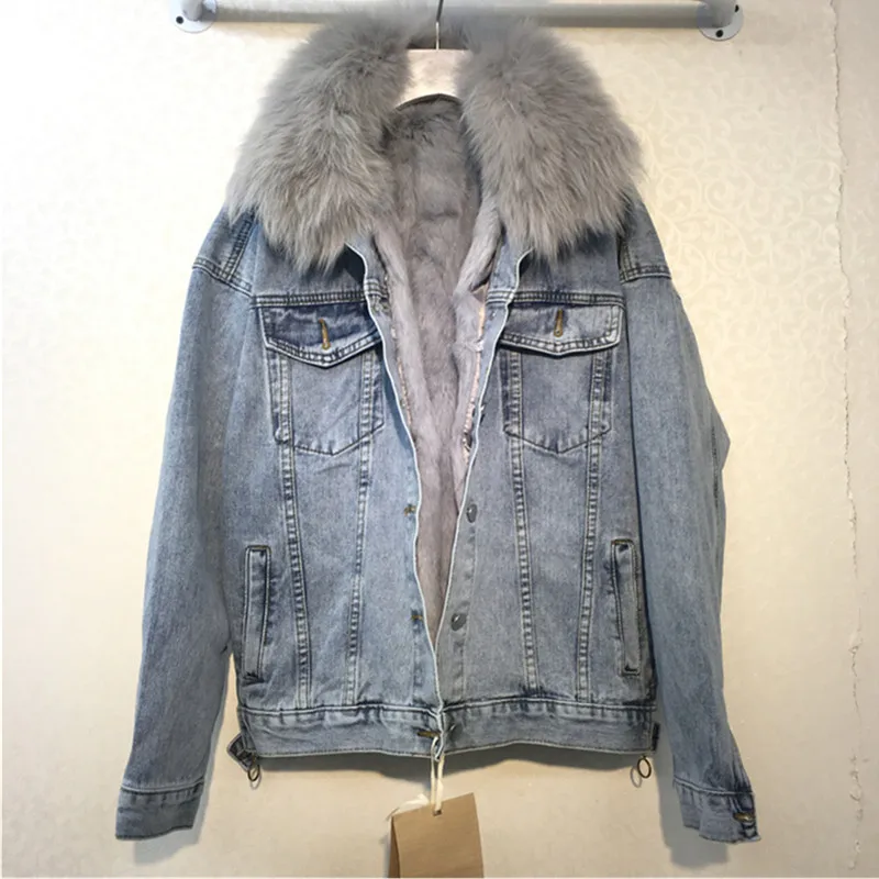 2019 зимние женские джинсовые куртки и пальто из натурального Лисьего меха