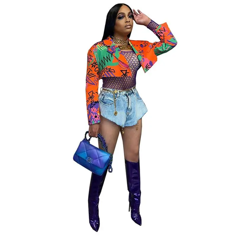

Graffiti Printed Hipster Blazer Jackets for Women Sexy Cool Girl Full Sleeve Cropped Coat Streetwear Orange Short Outerwear