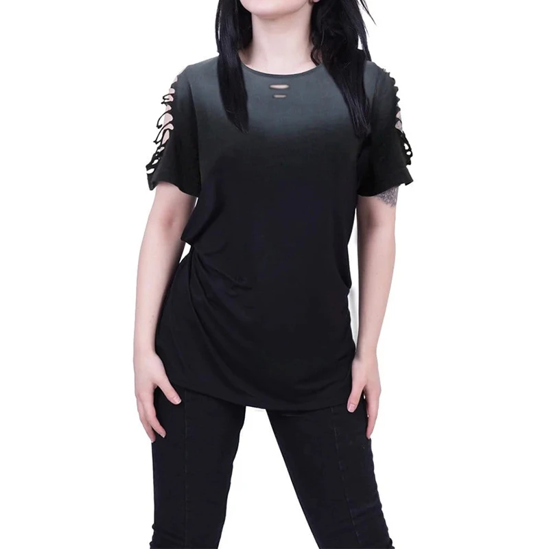 

Loose Gothic Tee Shirt Women Plus Size Round Neck Tshirt Hole Hollow Out Tops Streetwear Punk Short Sleeve T-shirt Y2K Clothes